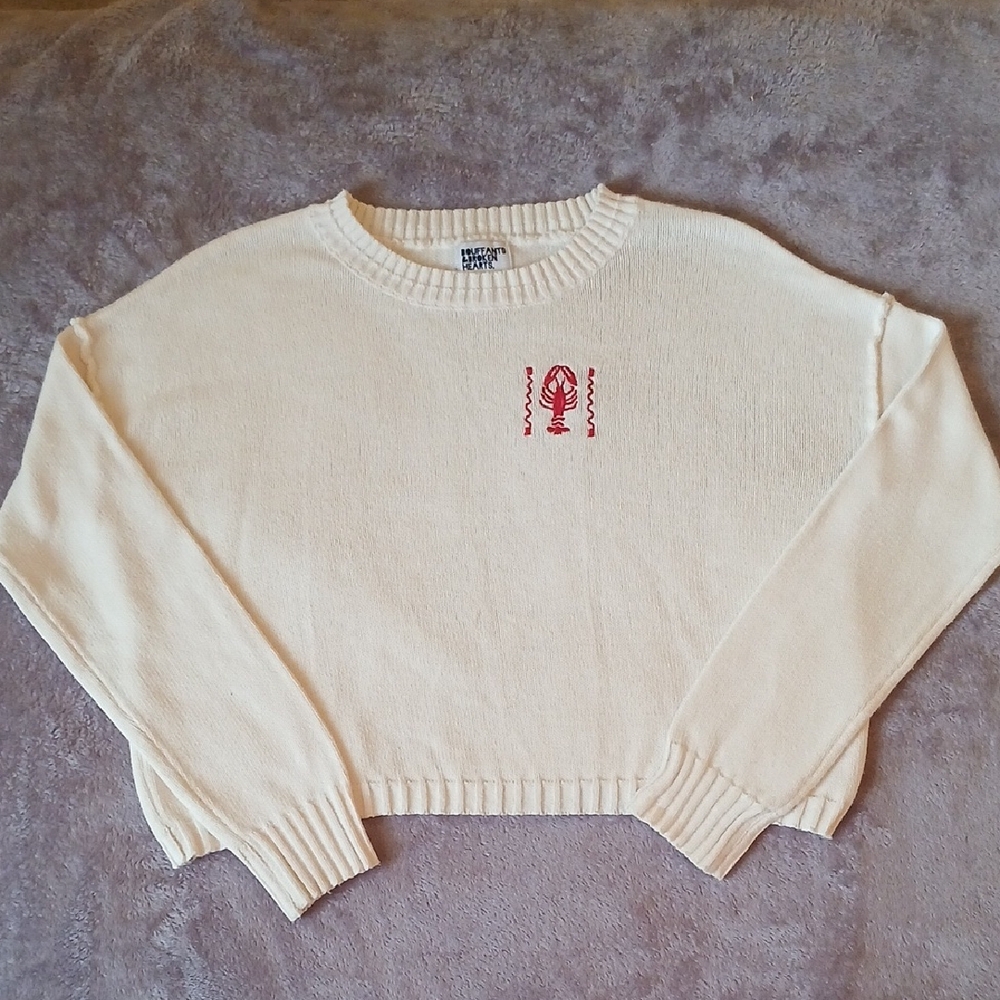 Bouffants & Broken Hearts Embroidered Lobster Cream Knit Sweater Womens Small